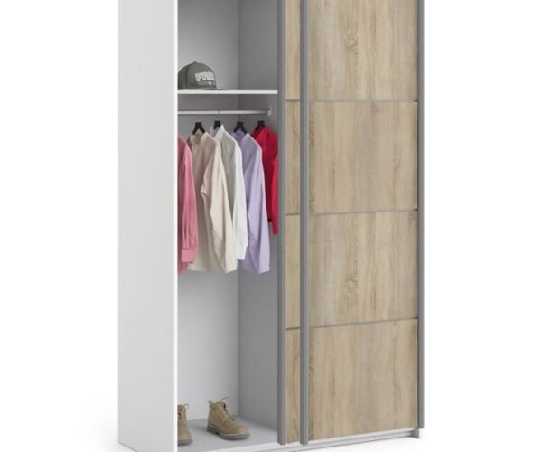 Ross Sliding Wardrobe 120cm in White with Oak Doors with 2 Shelves