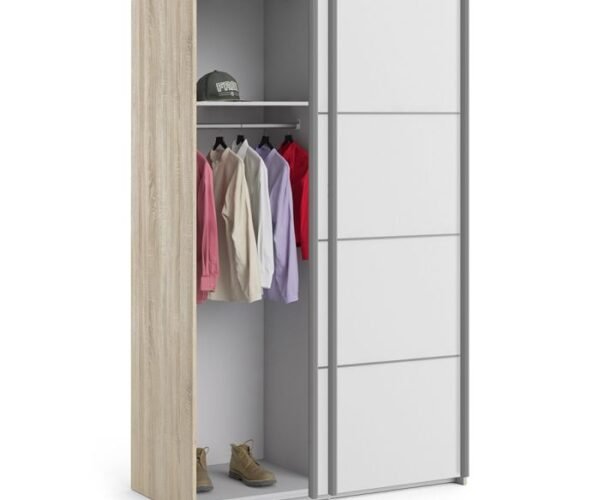 Ross Sliding Wardrobe 120cm in Oak with White Doors with 2 Shelves