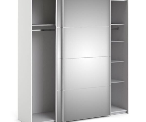 Ross Sliding Wardrobe 180cm in White with Mirror Doors with 5 Shelves