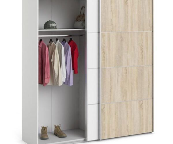 Ross Sliding Wardrobe 180cm in Oak with White and Mirror Doors with 2 Shelves