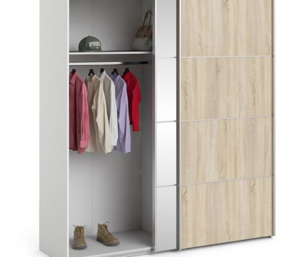 Ross Sliding Wardrobe 180cm in White with Oak and Mirror Doors with 2 Shelves