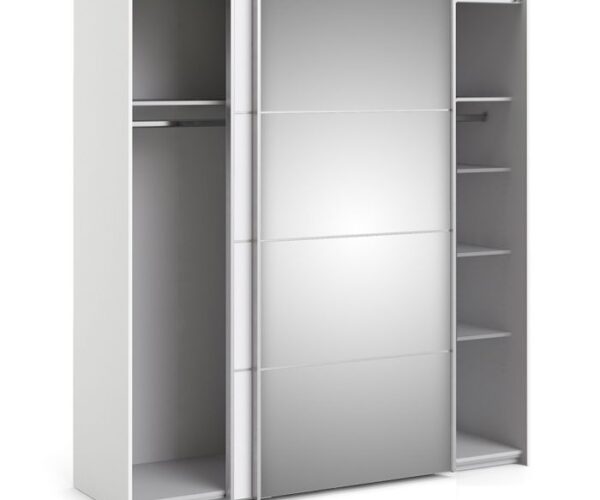 Ross Sliding Wardrobe 180cm in White with White and Mirror Doors with 5 Shelves