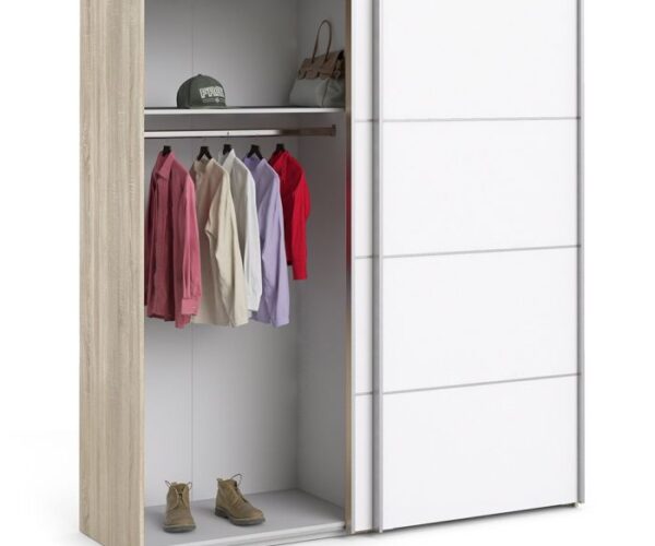 Ross Sliding Wardrobe 180cm in Oak with White Doors with 2 Shelves