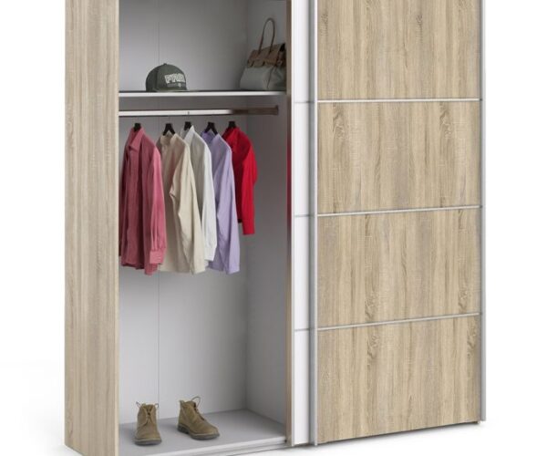 Ross Sliding Wardrobe 180cm in Oak with White and Oak Doors with 2 Shelves