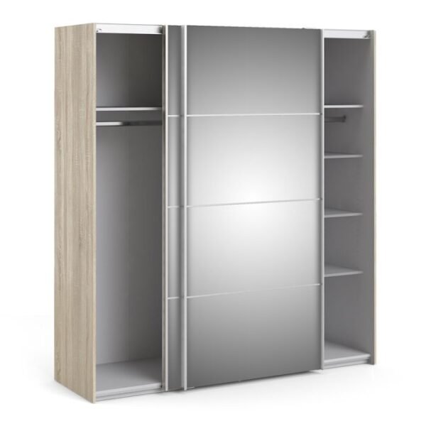 Ross Sliding Wardrobe 180cm in Oak with Mirror Doors with 5 Shelves