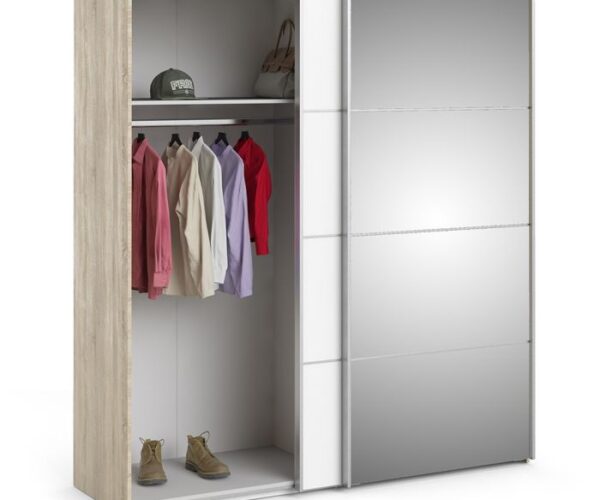 Ross Sliding Wardrobe 180cm in Oak with White and Mirror Doors with 5 Shelves