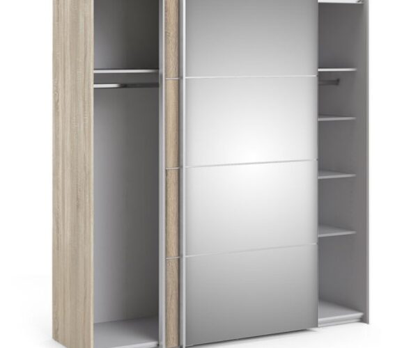 Ross Sliding Wardrobe 180cm in Oak with Oak and Mirror Doors with 5 Shelves