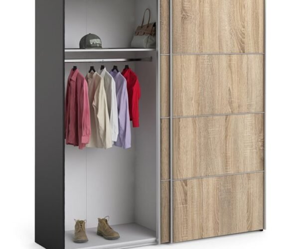 Ross Sliding Wardrobe 180cm in Black Matt with Oak Doors with 5 Shelves