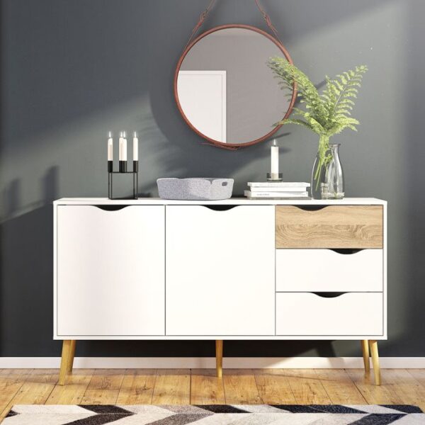 Willow Sideboard Large 3 Drawers 2 Doors in White and Oak - Sideboards - Home Store UK