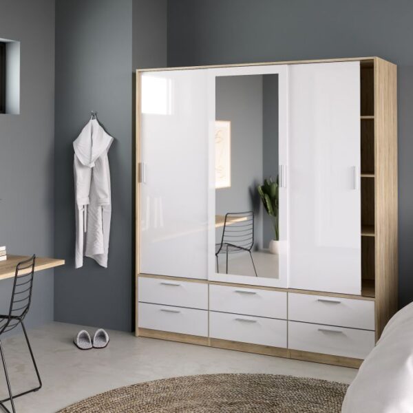 Rope Wardrobe 3 Doors 6 Drawers in Oak with White High Gloss Wardrobe Home Store UK