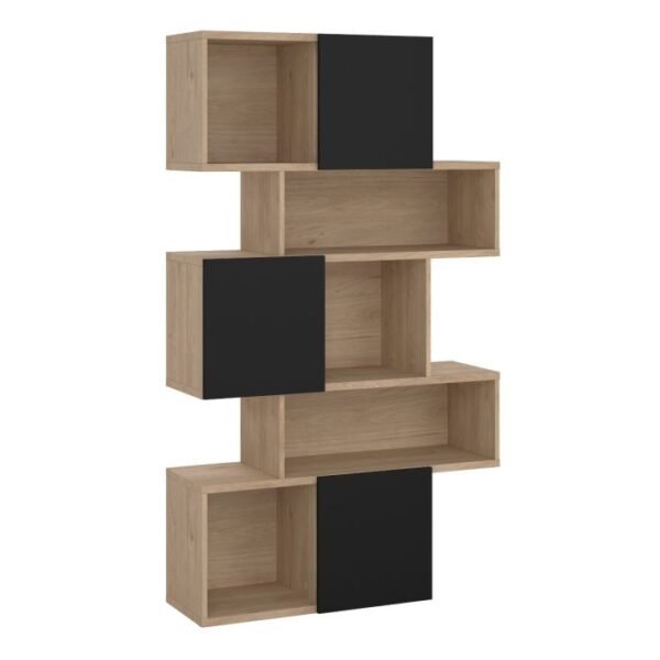 Summer Asymmetrical Bookcase with 3 Doors in Jackson Hickory and Concrete/White/Black - Image 3