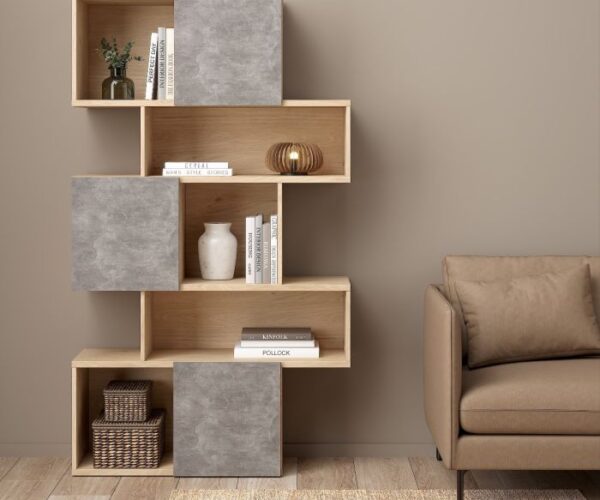 Summer Asymmetrical Bookcase with 3 Doors in Jackson Hickory and Concrete/White/Black