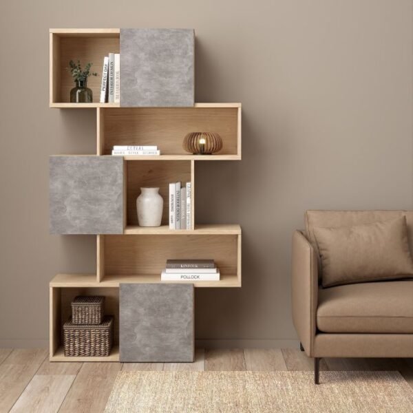 Summer Asymmetrical Bookcase with 3 Doors in Jackson Hickory and Concrete/White/Black