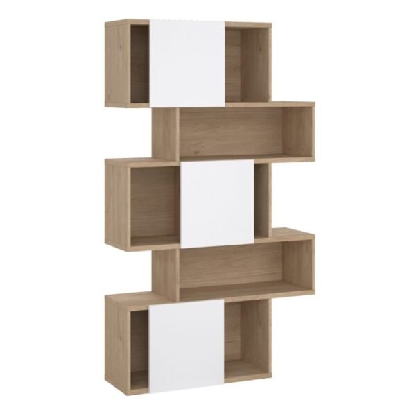 Summer Asymmetrical Bookcase with 3 Doors in Jackson Hickory and Concrete/White/Black - Image 2