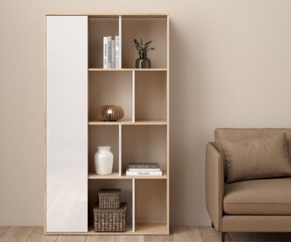 Summer Bookcase with 1 Door in Jackson Hickory and White High Gloss