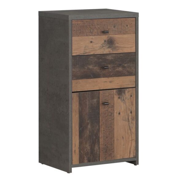 Smith Storage Cabinet 2 Drawers 1 Door in Concrete Optic Dark Grey/Old - Wood Vintage Chest Of Drawer Home Store UK