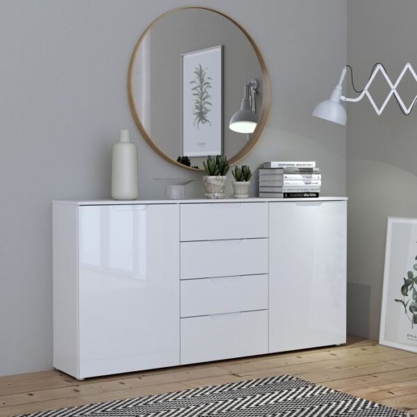 Stewart Wide Chest of 4 Drawers and 2 Doors in White/White High Gloss Chest Of Drawer Home Store UK