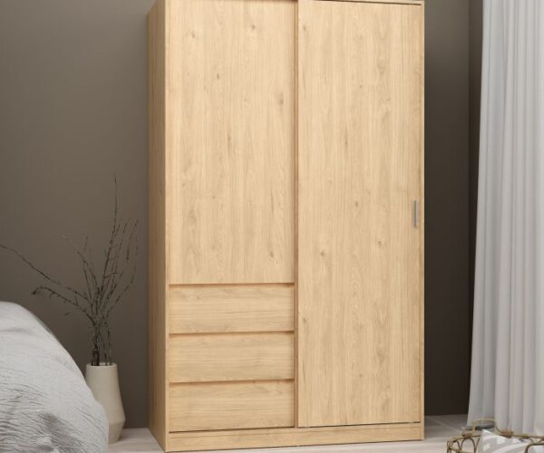 Nina Wardrobe with 1 Sliding Door, 1 Door, and 3 Drawers in Jackson Hickory Oak.