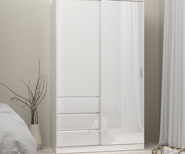 Nina Wardrobe with 1 Sliding Door, 1 Door, and 3 Drawers in White High Gloss.