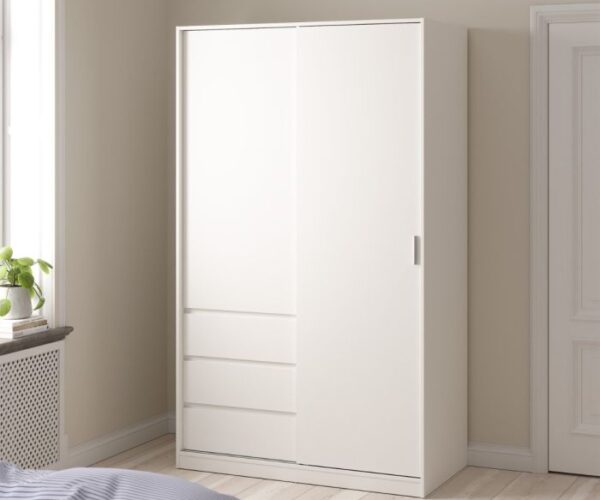 Nina Wardrobe with 1 Sliding Door and 1 Door + 3 Drawers in White.