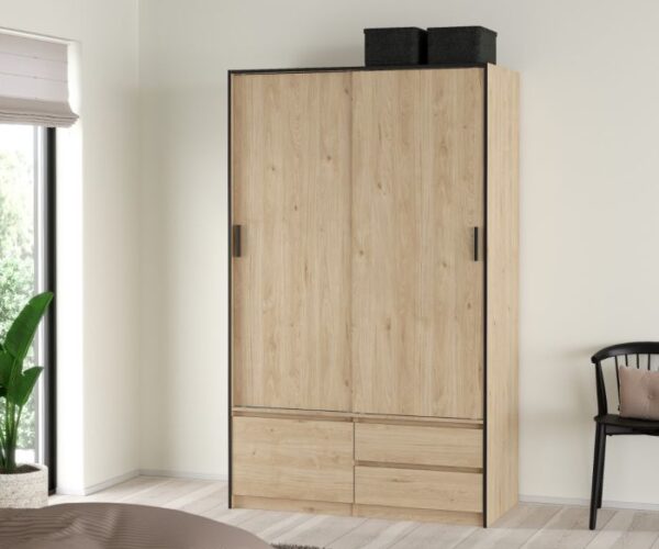 Series Wardrobe with 2 Sliding Doors, 1 Small Door, and 2 Drawers in Jackson Hickory Oak.