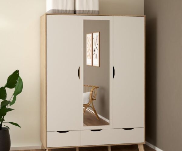 Ikat Wardrobe 3 Doors and 2 Drawers with Mirror in Jackson Hickory and White