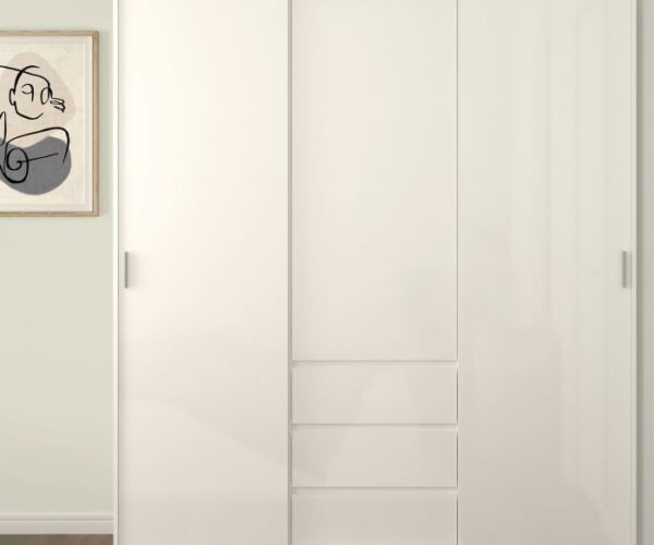 Naya Wardrobe with 2 Sliding Doors 1 Door 3 Drawers in White High Gloss.