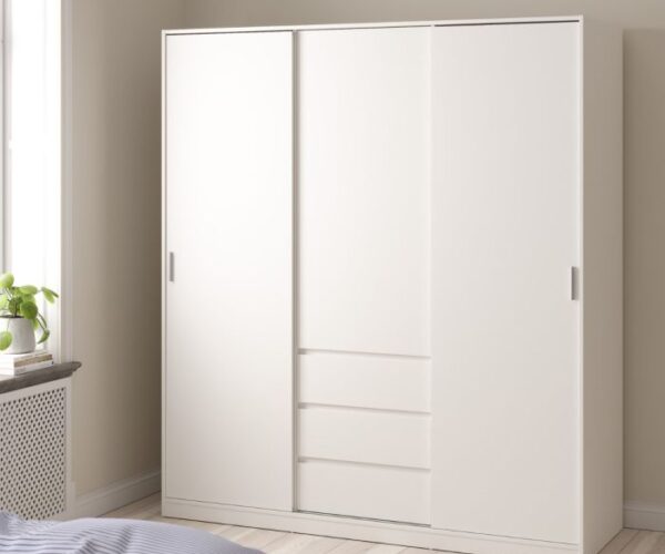 Naya Wardrobe with 2 Sliding Doors + 1 Door + 3 Drawers in White.