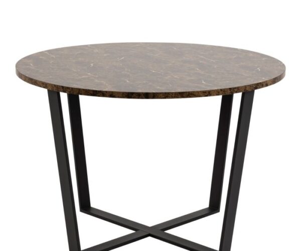 Roam Round Dining Table with Brown Marble Melamine Top & Black Legs.