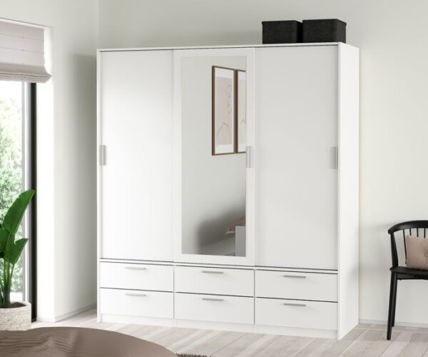 Series Wardrobe with 3 Doors 6 Drawers in White.