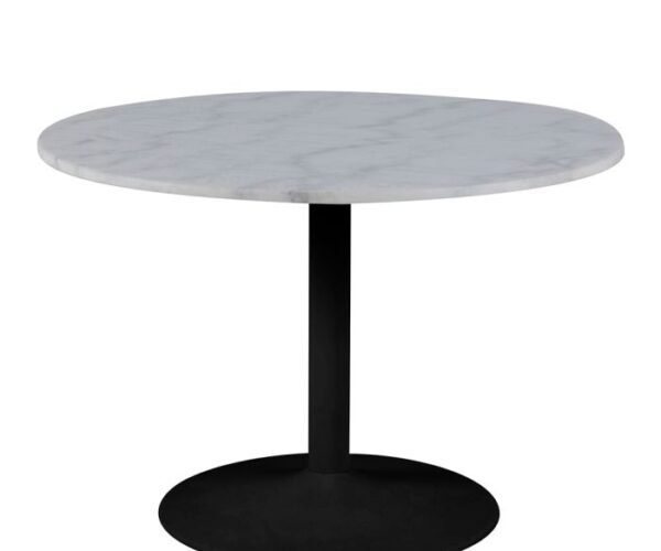 Tiber Round Dining Table with White Polished Marble Top and Black Base.