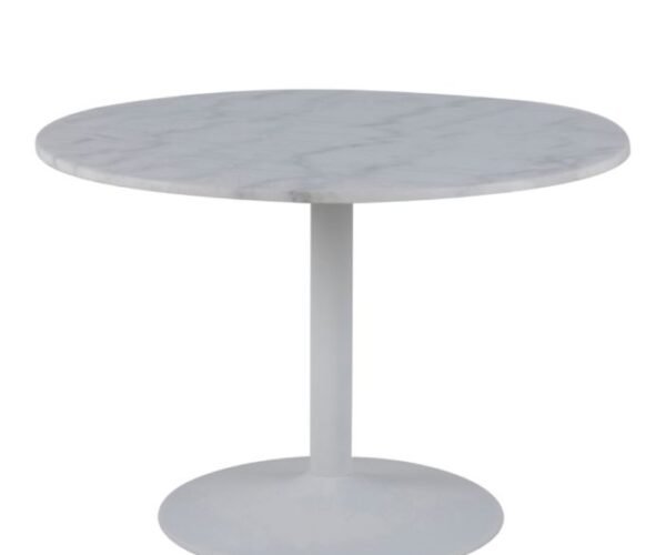 Trenton Round Dining Table with White Polished Marble Top and White Base.