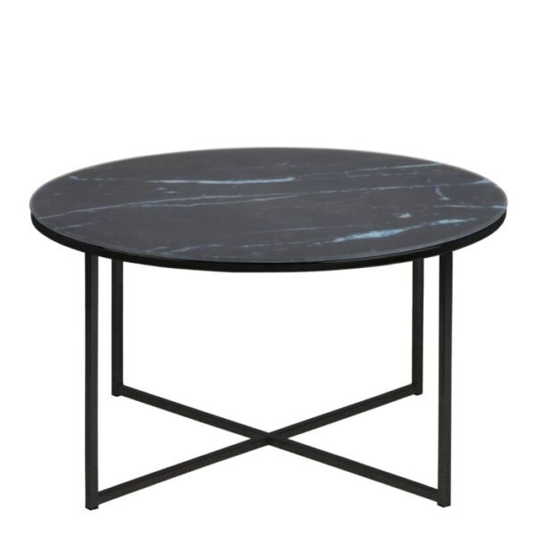 Aurelia Round Coffee Table with Black Marble Effect Glass Top & Black Legs. - Image 2