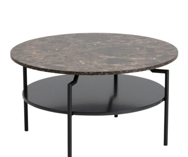 Briarwood Round Coffee Table with Brown Marble Melamine Top & Black Legs.