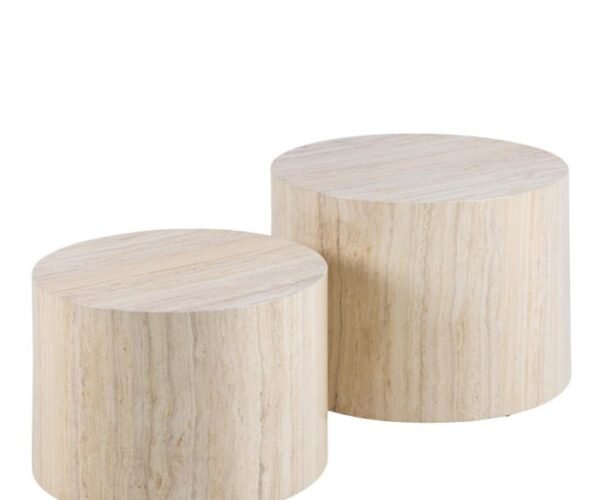 Geo Round Coffee Table Set in Light Travertine Effect.