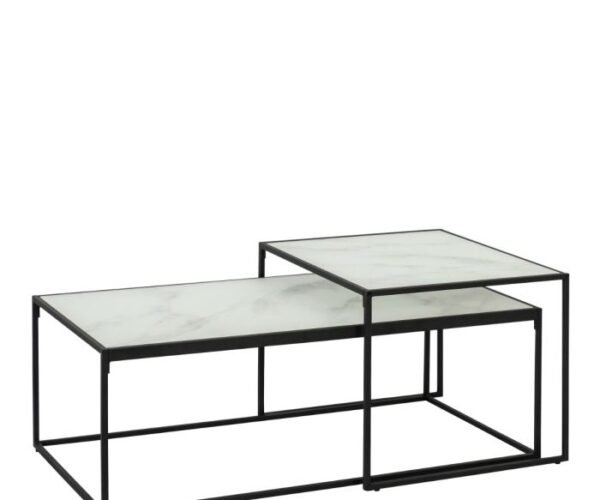 Norwich Coffee Table Set with White Crystal Clear Marble Torino Glass Top & Black Legs.