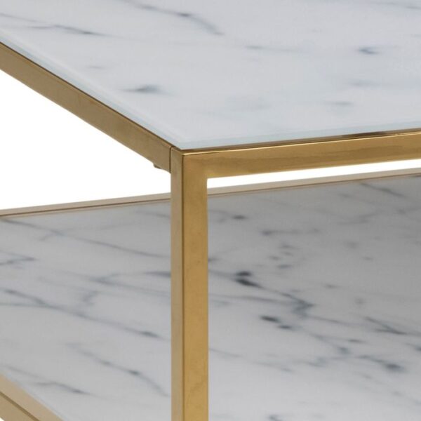 Alessia Open Shelf Coffee Table with White Crystal Clear Marble Glass Top & Gold Legs. - Image 6