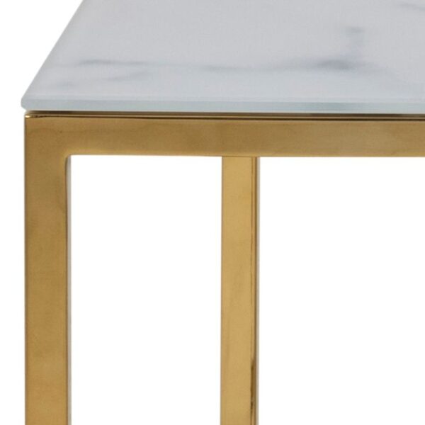 Alessia Open Shelf Coffee Table with White Crystal Clear Marble Glass Top & Gold Legs. - Image 7