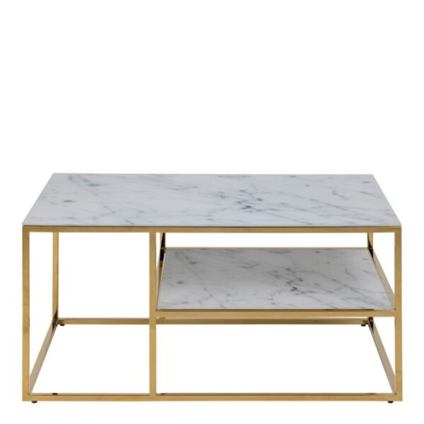 Alessia Open Shelf Coffee Table with White Crystal Clear Marble Glass Top & Gold Legs. - Image 2