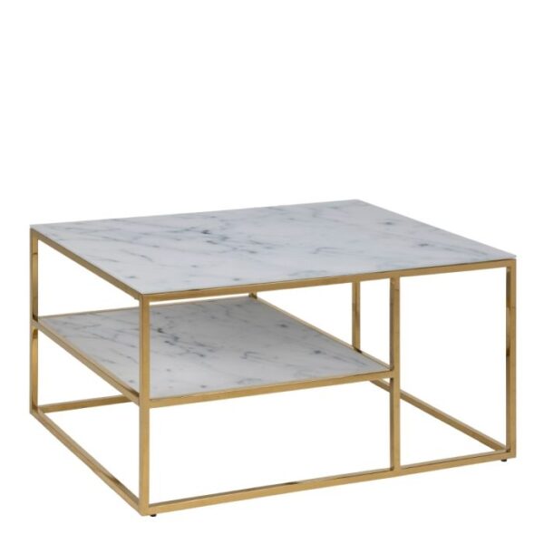 Alessia Open Shelf Coffee Table with White Crystal Clear Marble Glass Top & Gold Legs.