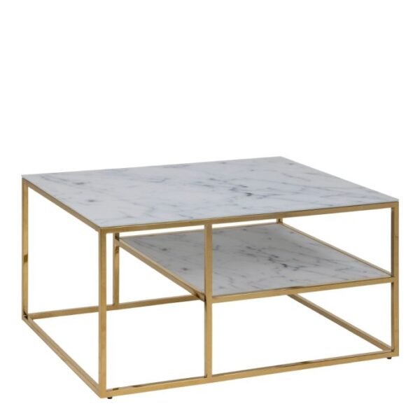 Alessia Open Shelf Coffee Table with White Crystal Clear Marble Glass Top & Gold Legs. - Image 3