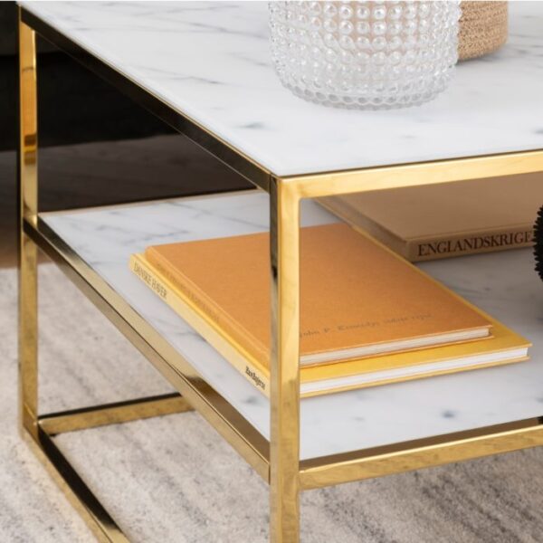 Alessia Open Shelf Coffee Table with White Crystal Clear Marble Glass Top & Gold Legs. - Image 5