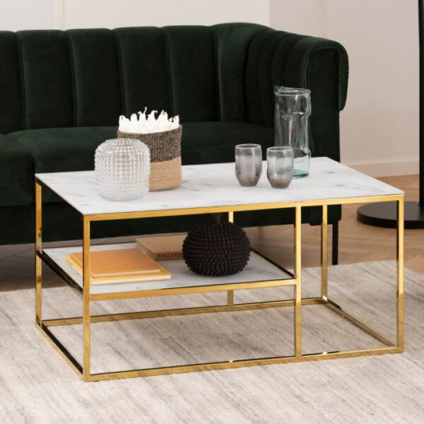 Alessia Open Shelf Coffee Table with White Crystal Clear Marble Glass Top & Gold Legs. - Image 4