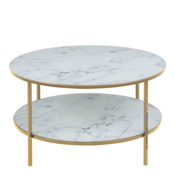 Aster Round Coffee Table with White Crystal Clear Marble Glass Top & Gold Legs. - Image 2