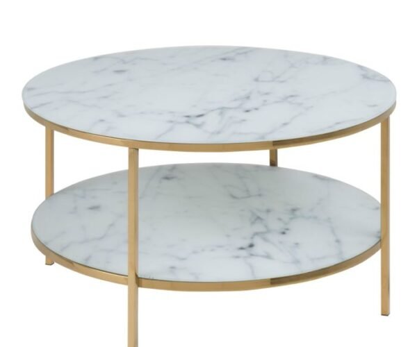 Aster Round Coffee Table with White Crystal Clear Marble Glass Top & Gold Legs.