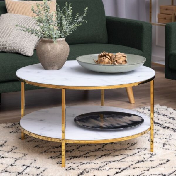 Aster Round Coffee Table with White Crystal Clear Marble Glass Top & Gold Legs. - Image 4