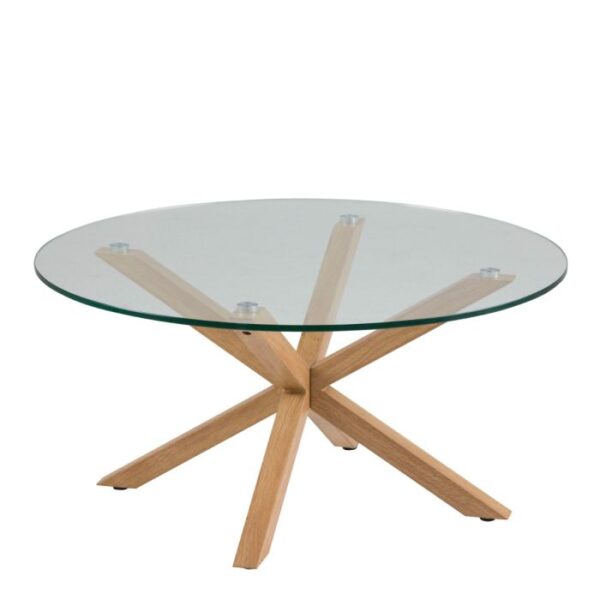 Celeste Round Coffee Table with Smoked Glass Top and Oak Legs.