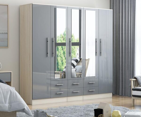 High Gloss Grey Large Wardrobe – 5 Doors 5 Drawers – Home Store UK